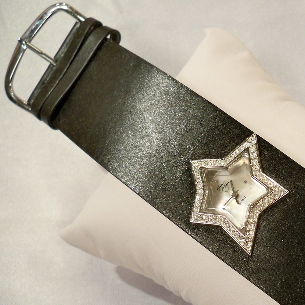 NEW Vintage Suzanne Somers Crystals, Black Leather Band Star Watch